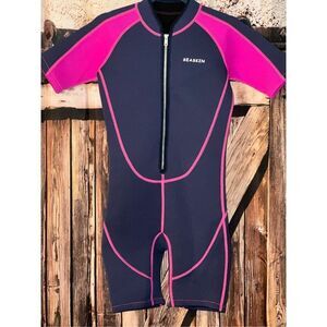 SeaSkin Wetsuit Size 10 2mm Front Zipper Neoprene  Short Pink Blue Beach watersk